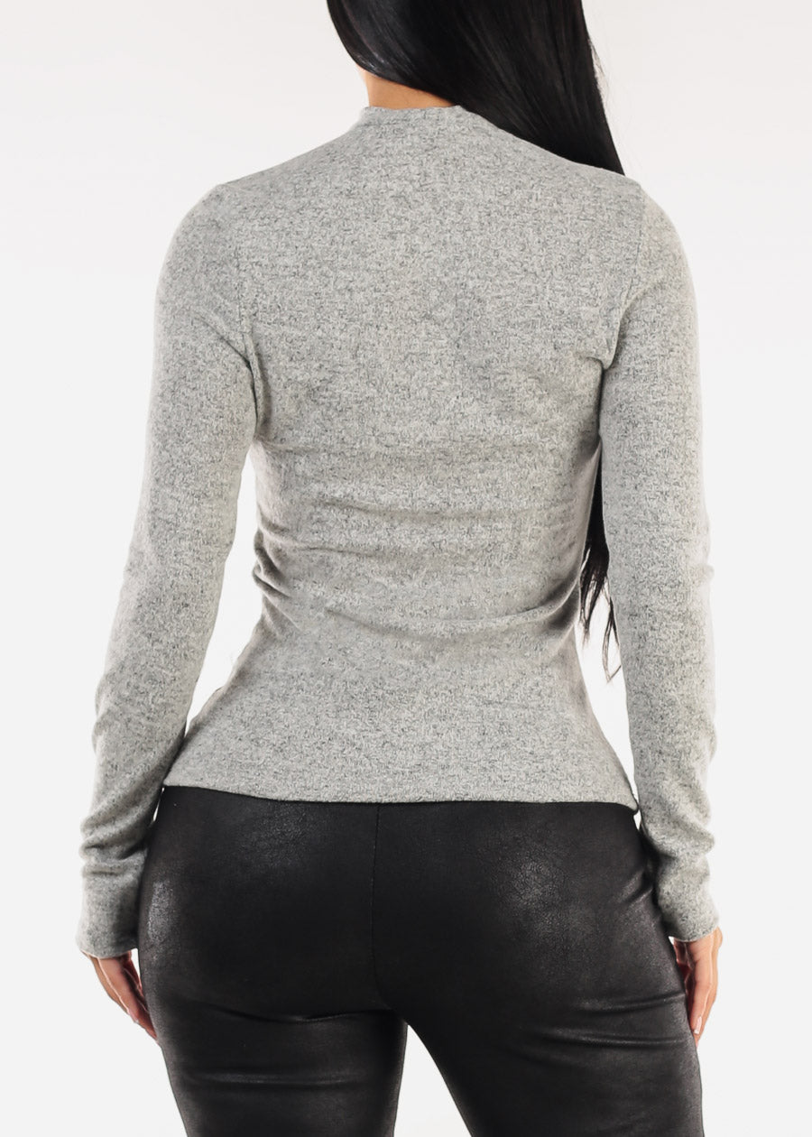 Long Sleeve Mock Neck Soft Stretch Top Grey
