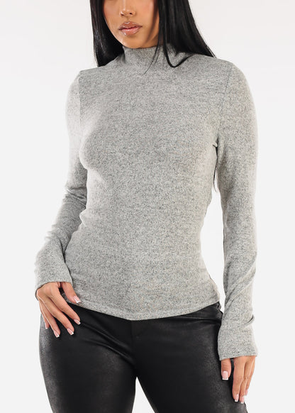 Long Sleeve Mock Neck Soft Stretch Top Grey