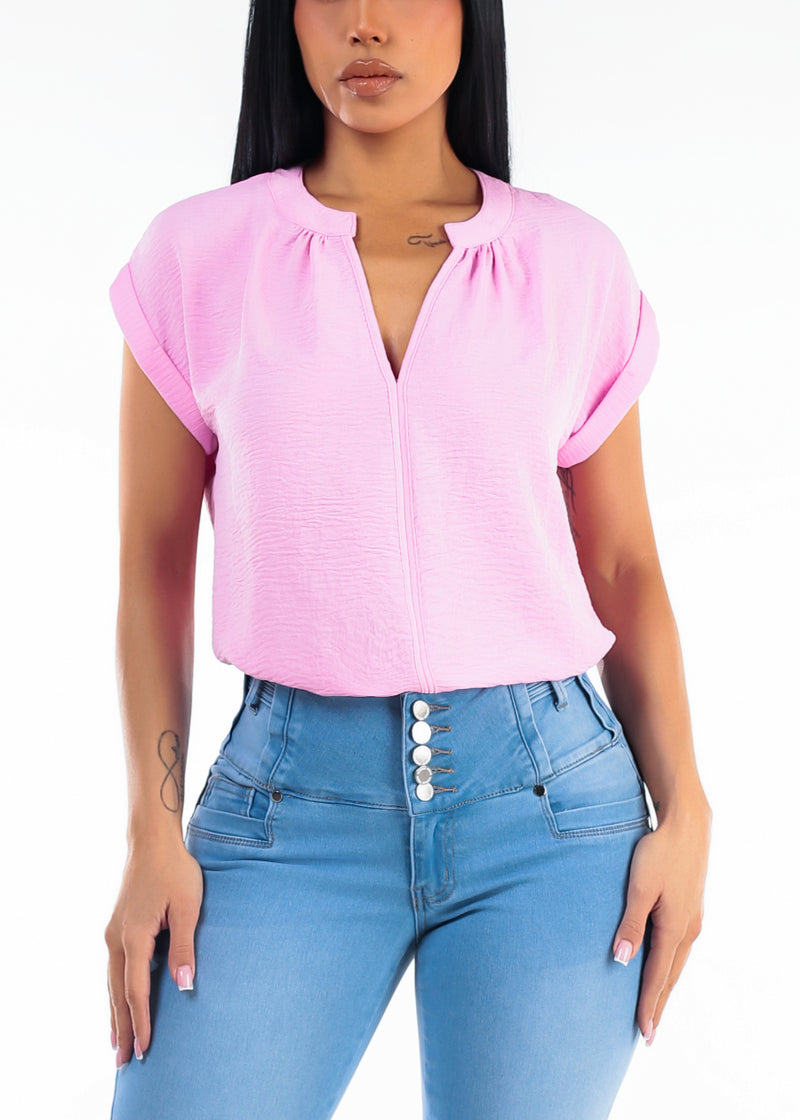 Casual Short Sleeve Vneck Lightweight Blouse Pink