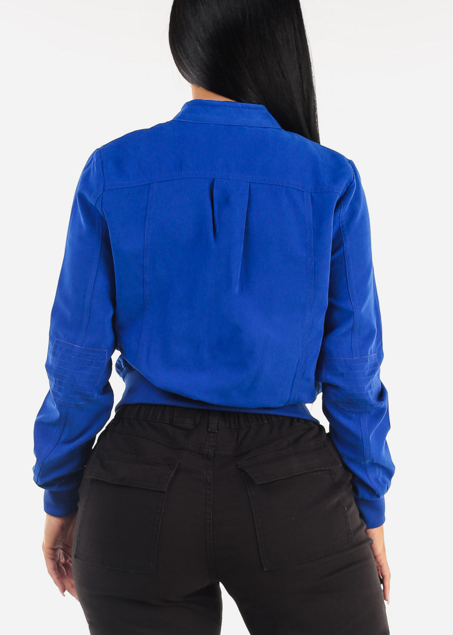 Long Sleeve Zip Up Jacket Royal Blue w Ribbed Hem