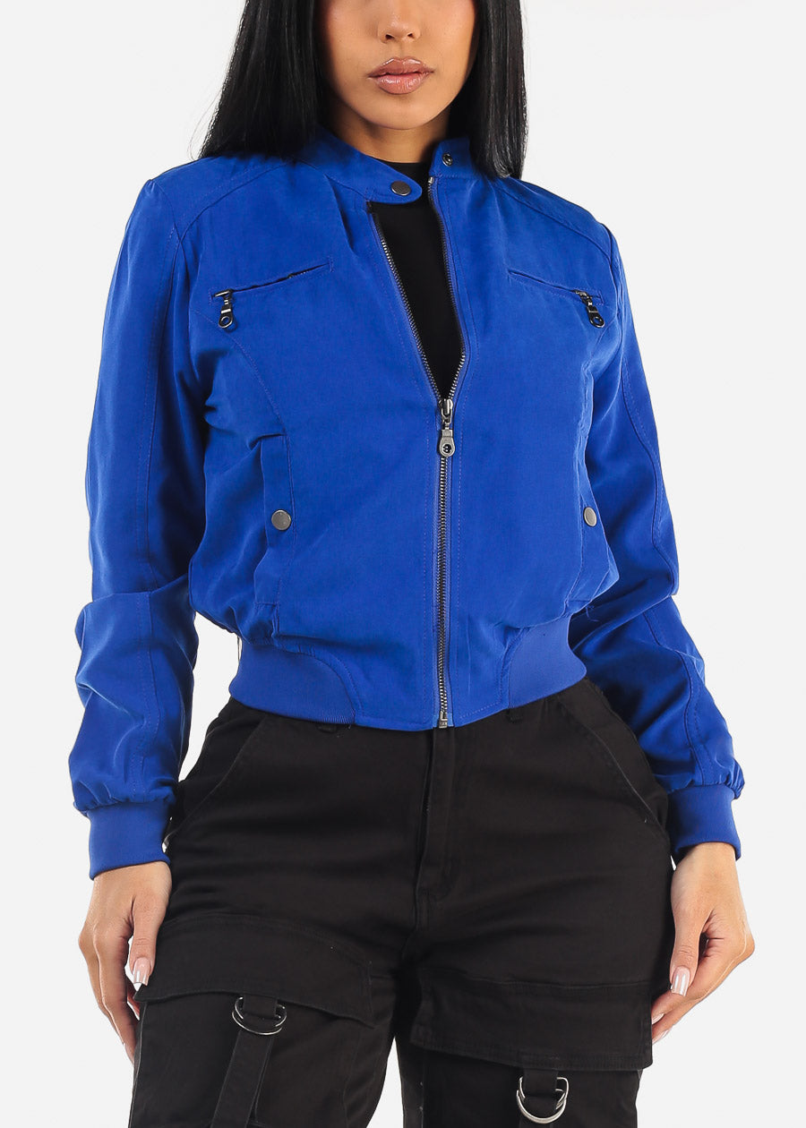 Long Sleeve Zip Up Jacket Royal Blue w Ribbed Hem