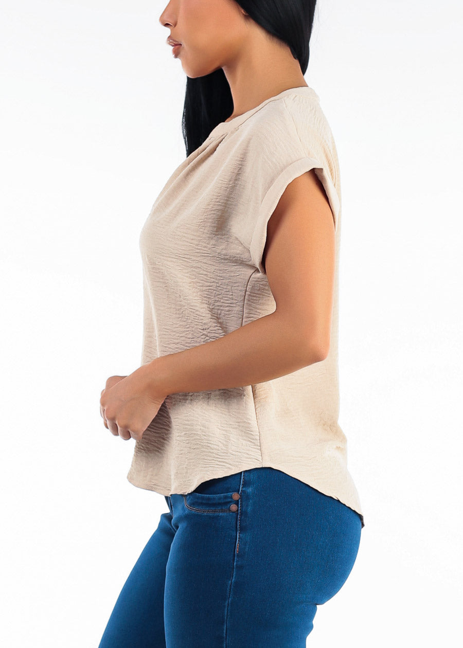 Casual Short Sleeve Vneck Lightweight Blouse Taupe