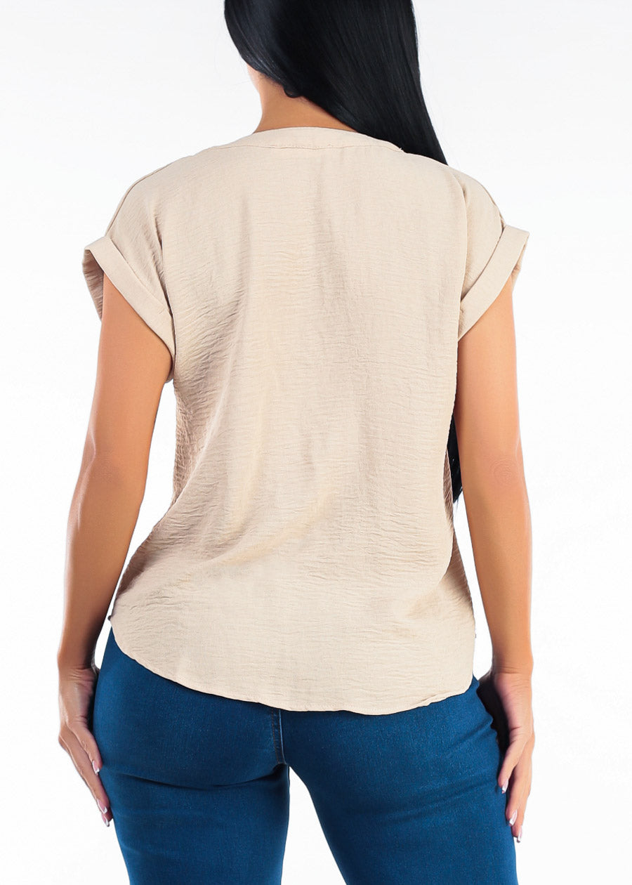 Casual Short Sleeve Vneck Lightweight Blouse Taupe