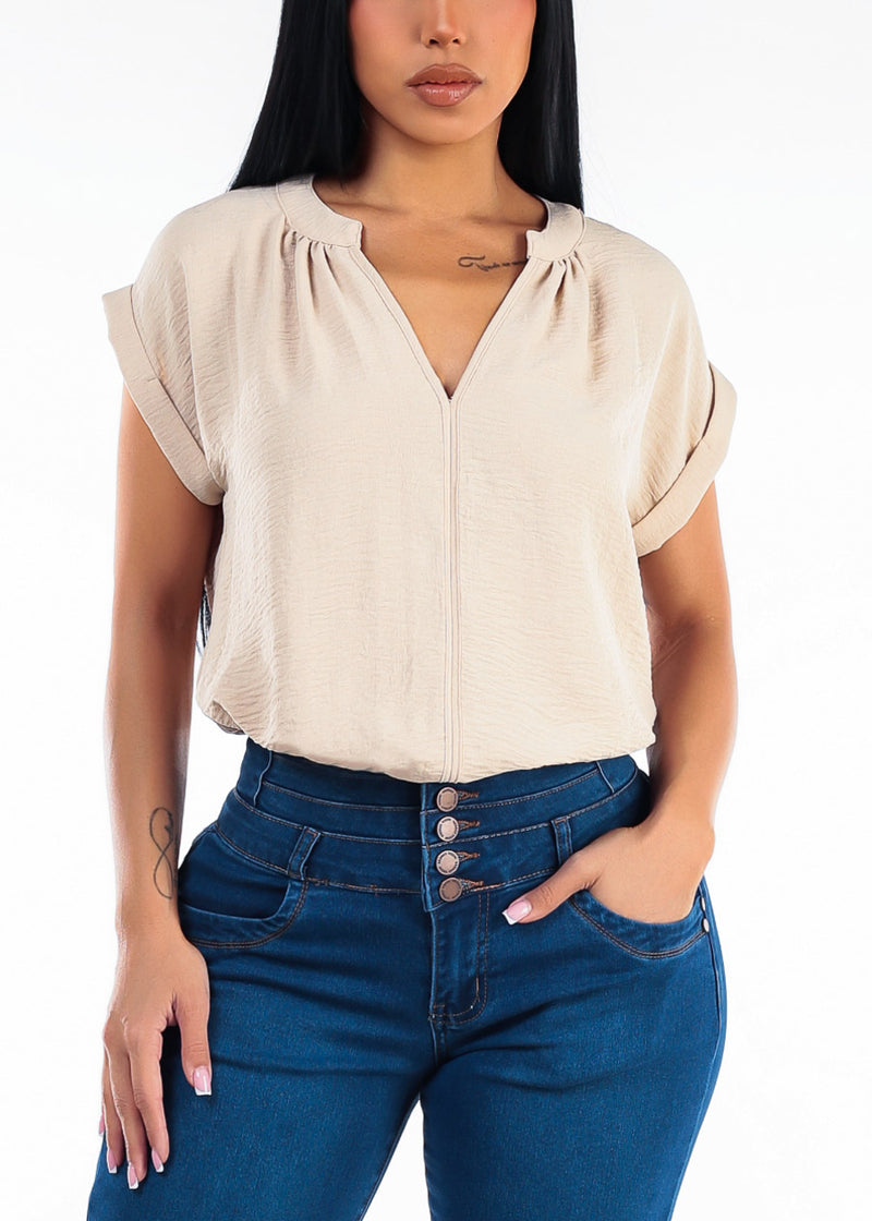 Casual Short Sleeve Vneck Lightweight Blouse Taupe