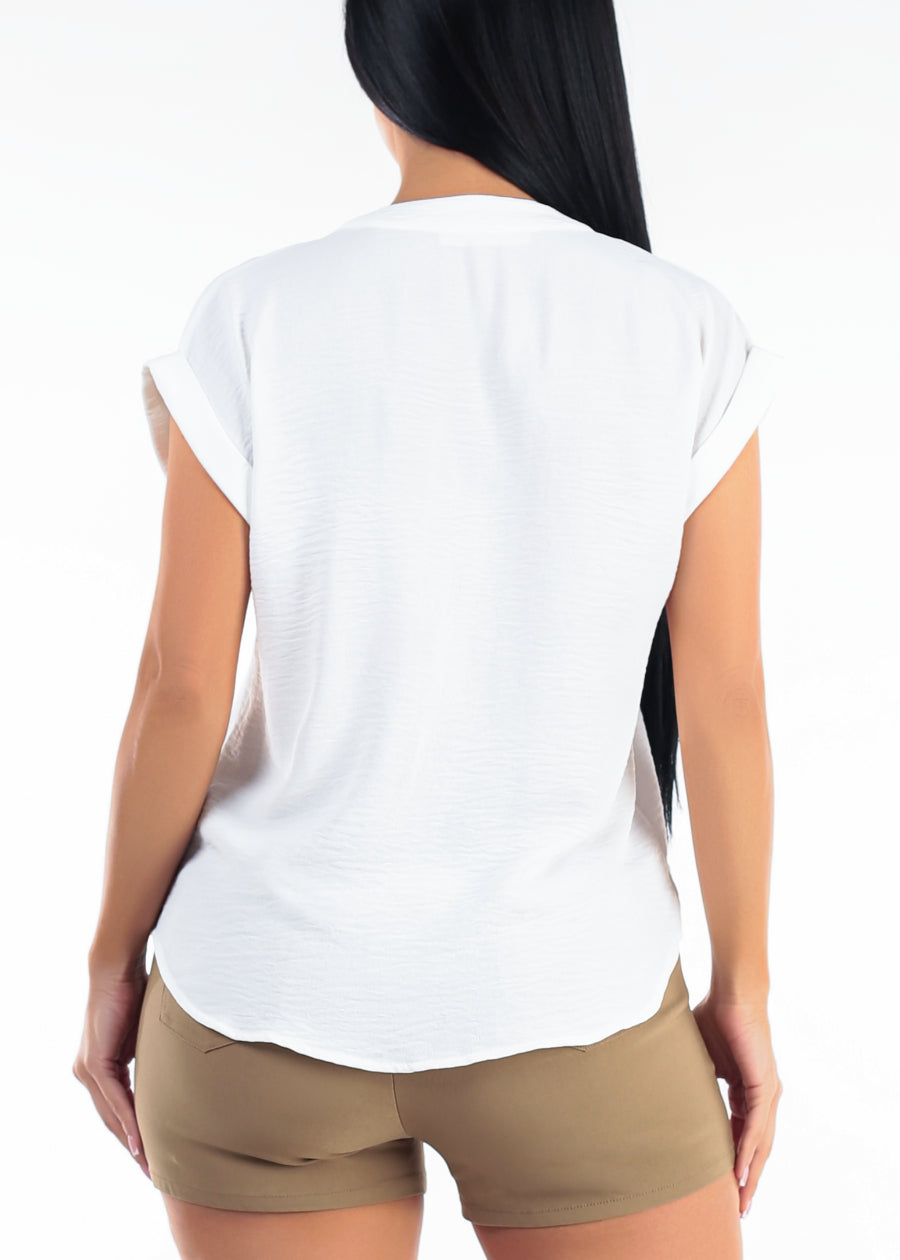 Casual Short Sleeve Vneck Lightweight Blouse White