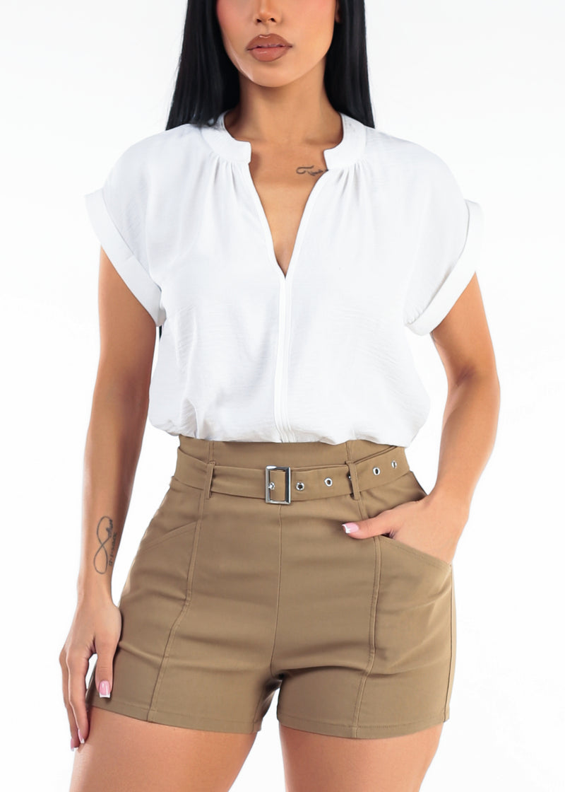 Casual Short Sleeve Vneck Lightweight Blouse White