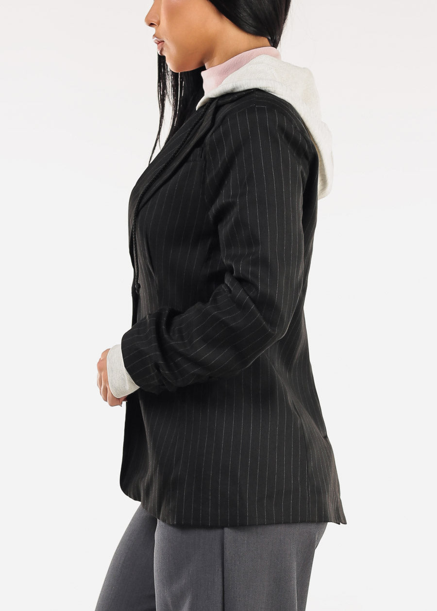 Long Sleeve Stripe Hooded Blazer Black