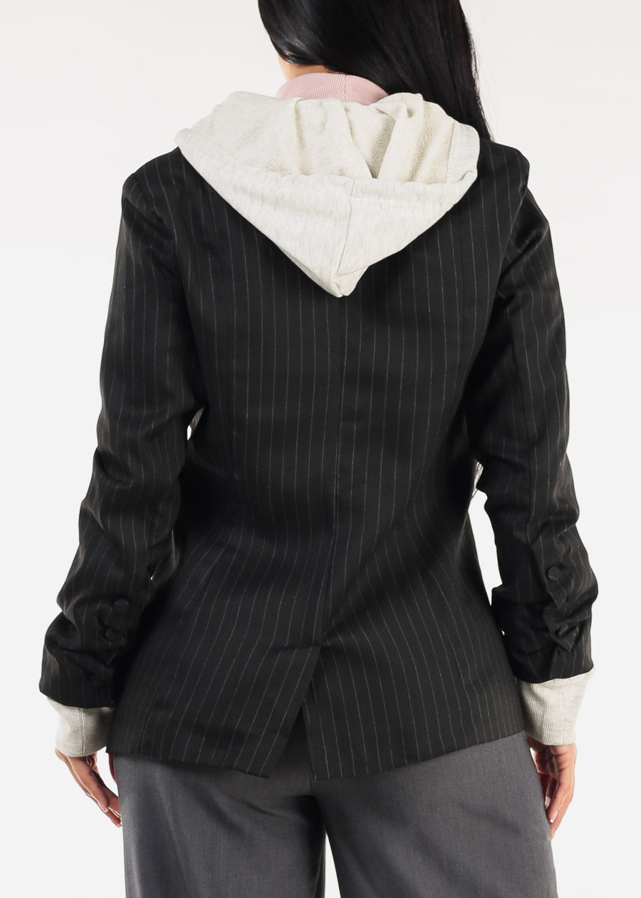 Long Sleeve Stripe Hooded Blazer Black