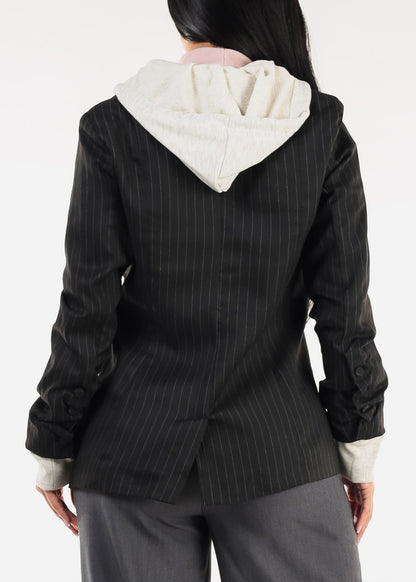 Long Sleeve Stripe Hooded Blazer Black