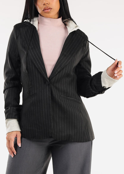 Long Sleeve Stripe Hooded Blazer Black