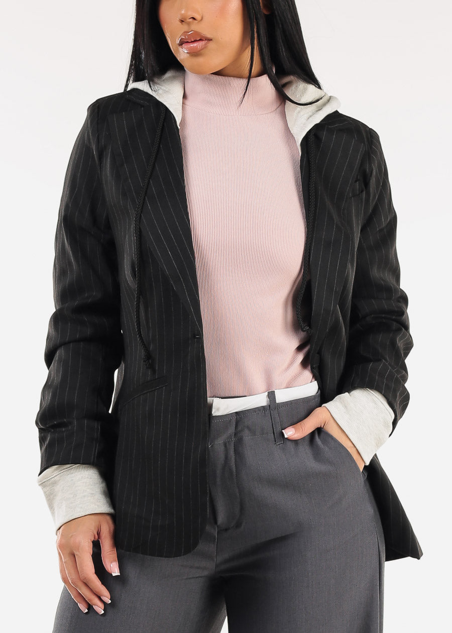 Long Sleeve Stripe Hooded Blazer Black