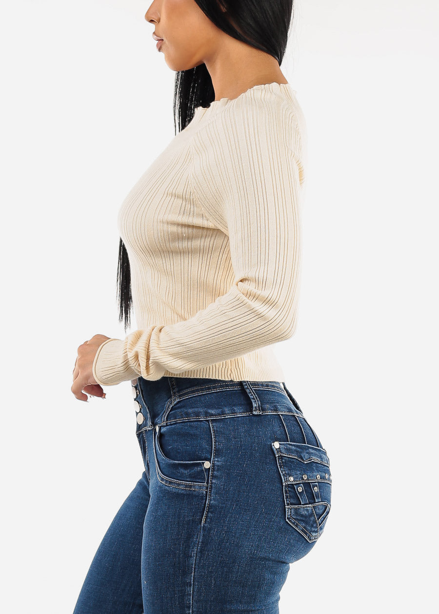 Wide Neck Lightweight Sweater Top Cream