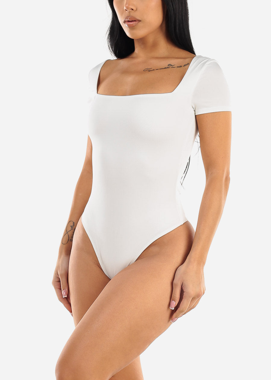 White Short Sleeve Square Neck Thong Bodysuit