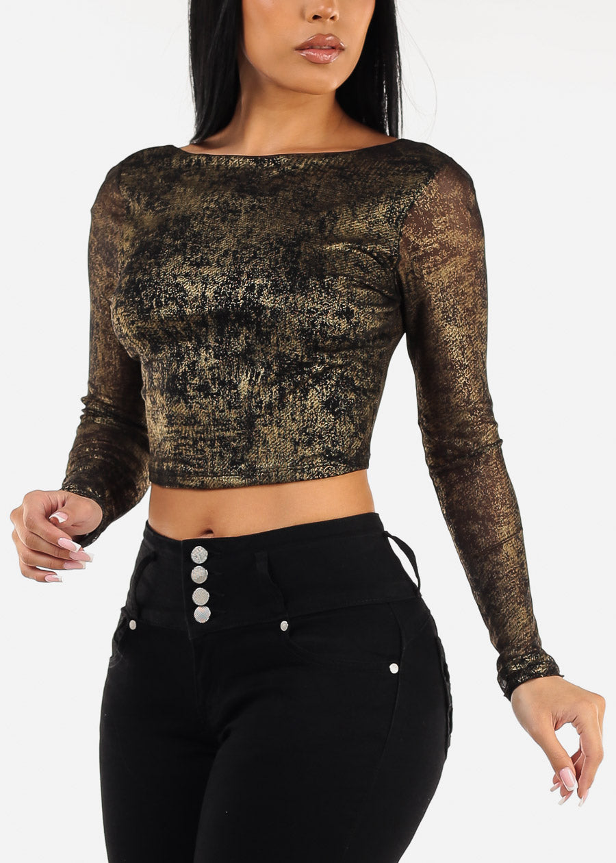 Long Sleeve Foil Mesh Black Crop Top