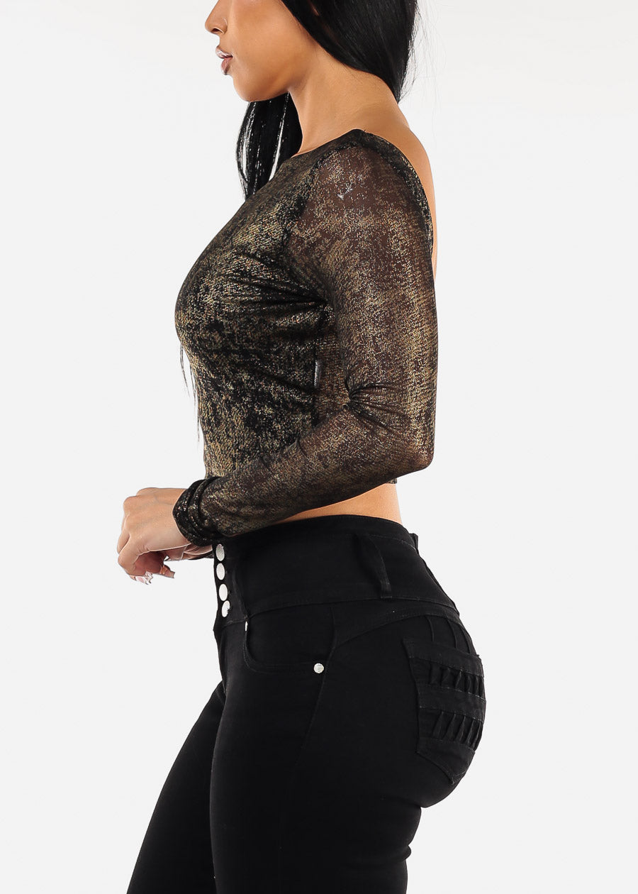 Long Sleeve Foil Mesh Black Crop Top