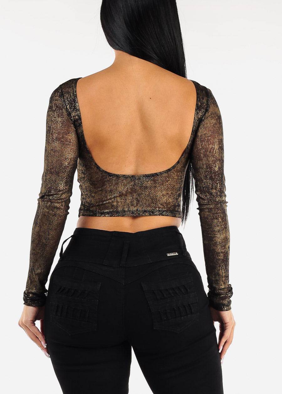 Long Sleeve Foil Mesh Black Crop Top