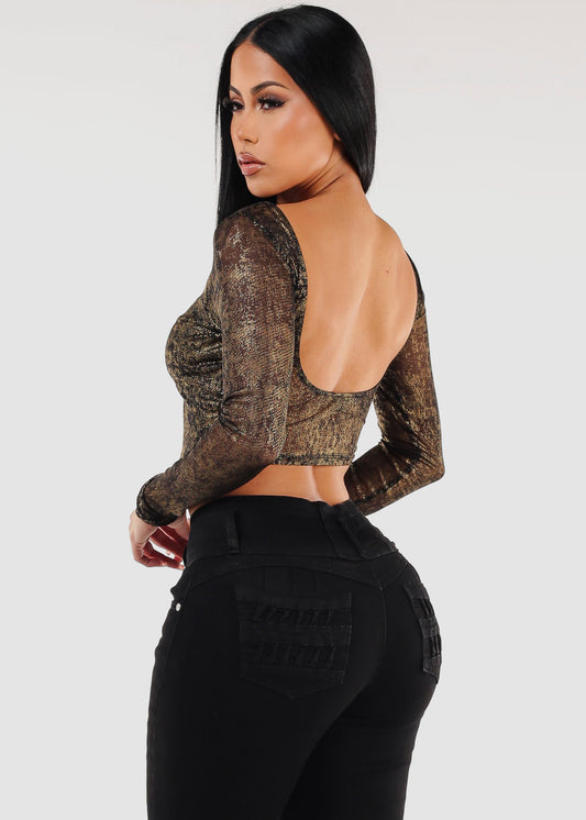 Long Sleeve Foil Mesh Black Crop Top