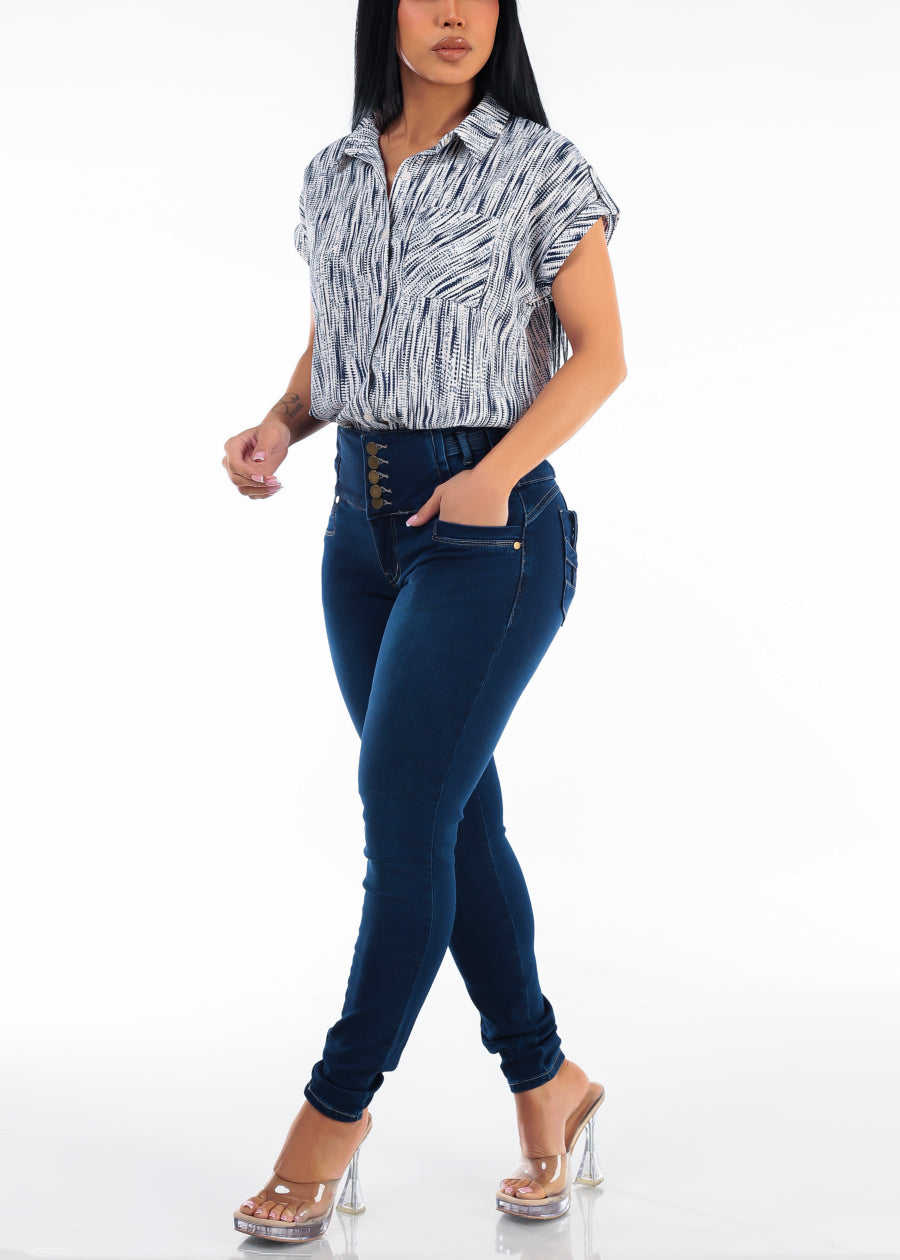 Short Sleeve Button Up Printed Collared Blouse Navy