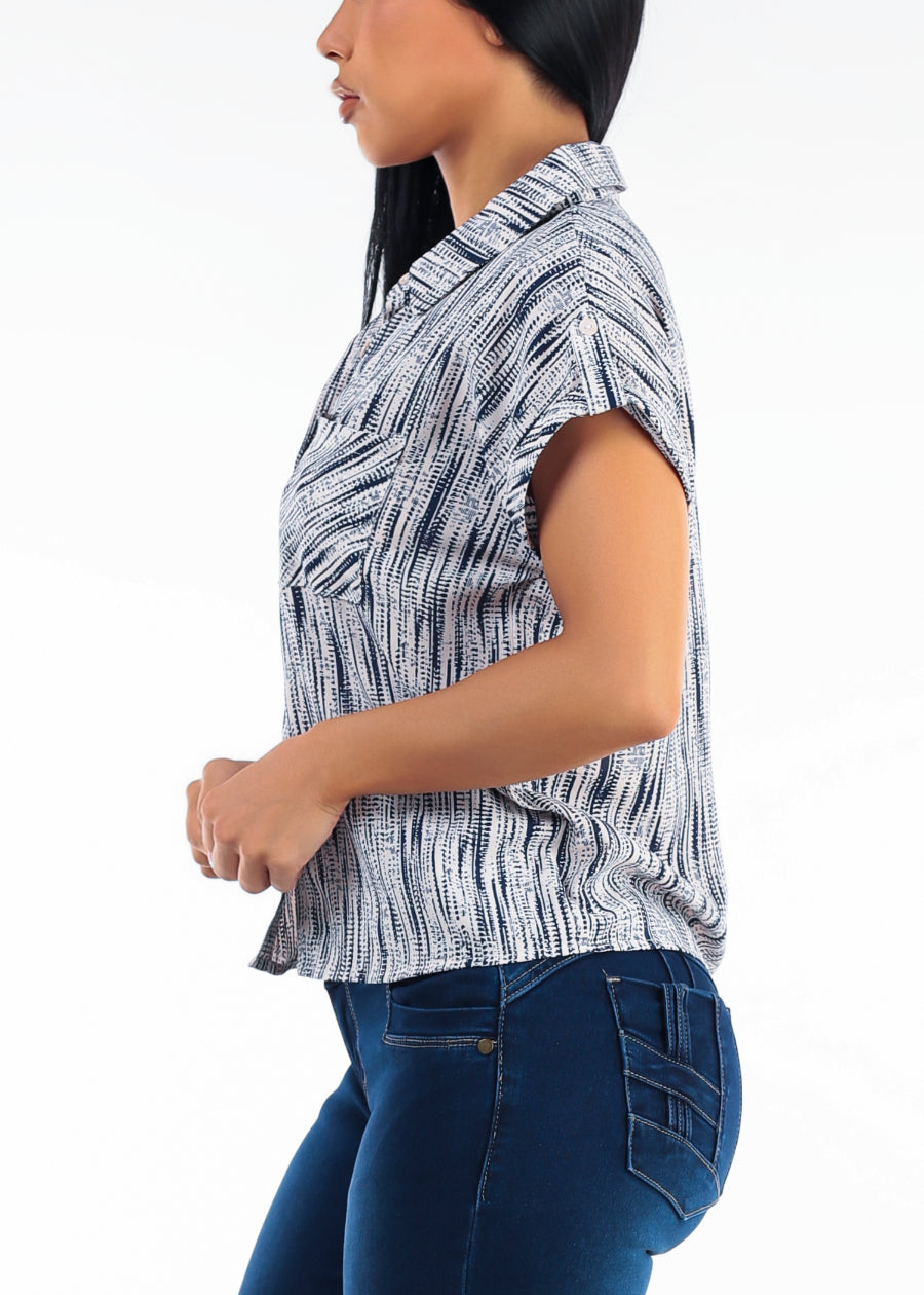 Short Sleeve Button Up Printed Collared Blouse Navy
