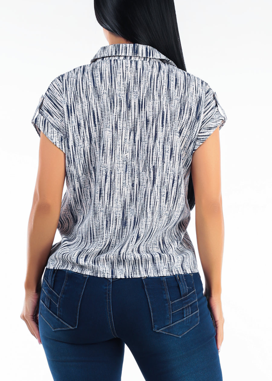 Short Sleeve Button Up Printed Collared Blouse Navy