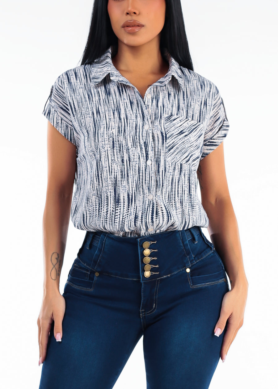 Short Sleeve Button Up Printed Collared Blouse Navy
