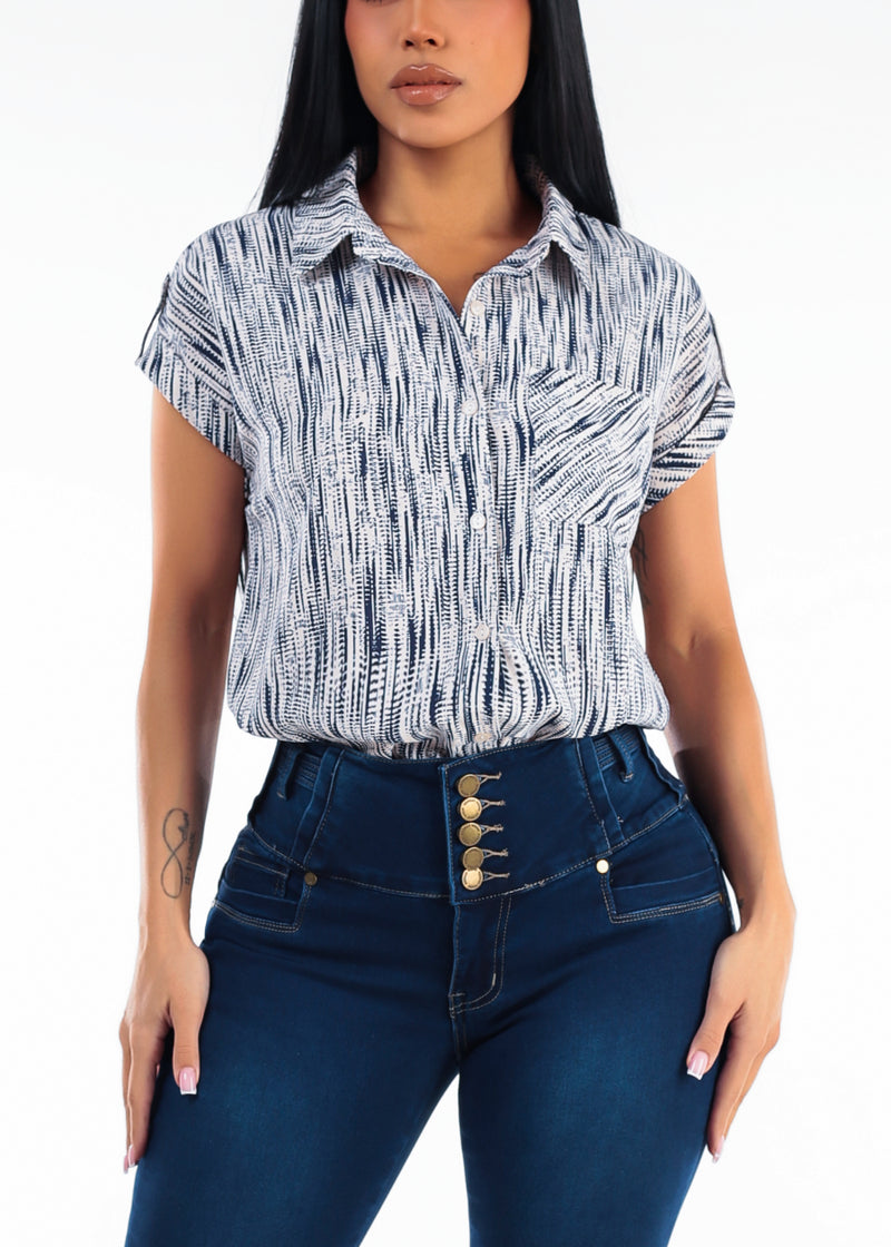 Short Sleeve Button Up Printed Collared Blouse Navy