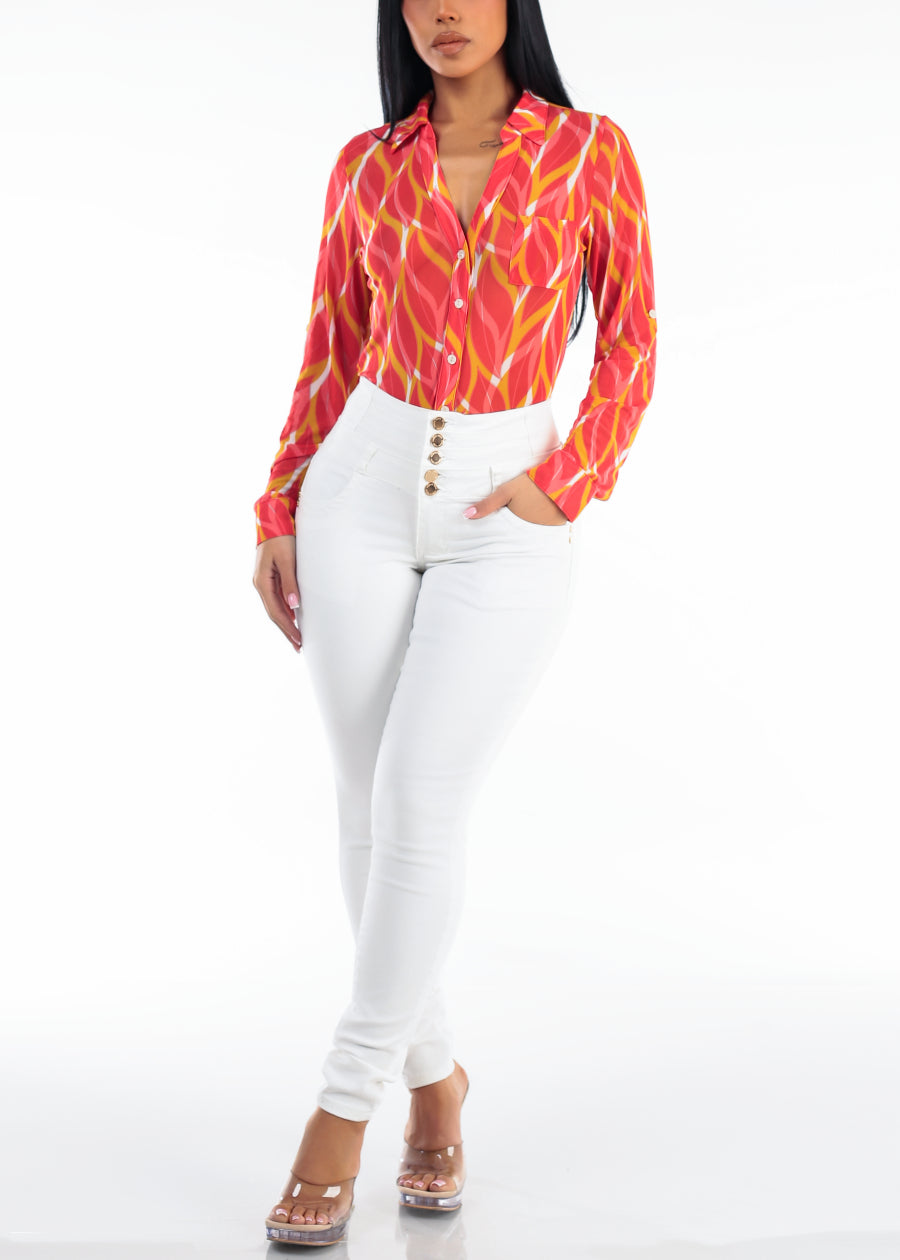Stretch Long Sleeve Button Up Mesh Blouse Leaf Print Coral