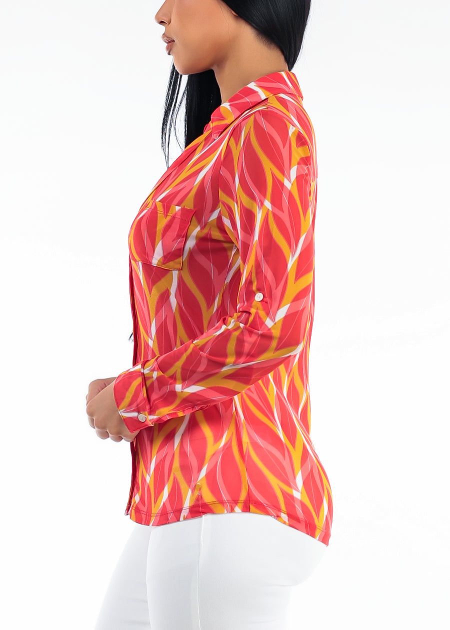 Stretch Long Sleeve Button Up Mesh Blouse Leaf Print Coral