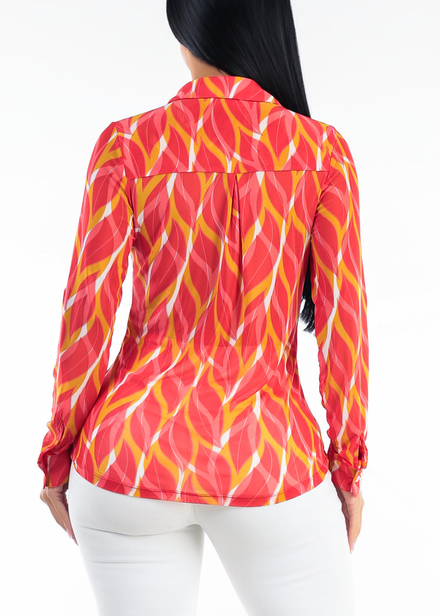 Stretch Long Sleeve Button Up Mesh Blouse Leaf Print Coral
