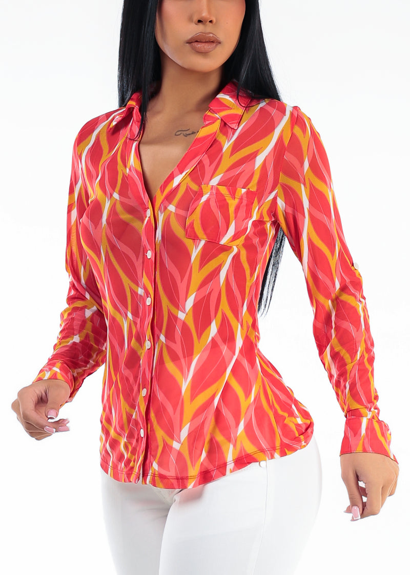 Stretch Long Sleeve Button Up Mesh Blouse Leaf Print Coral