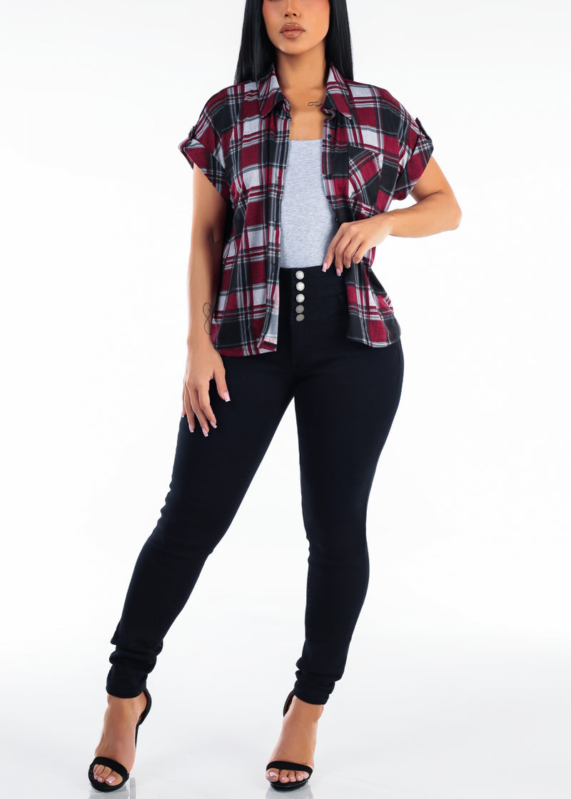 Short Sleeve Button Up Stretch Plaid Blouse Burgundy & Black