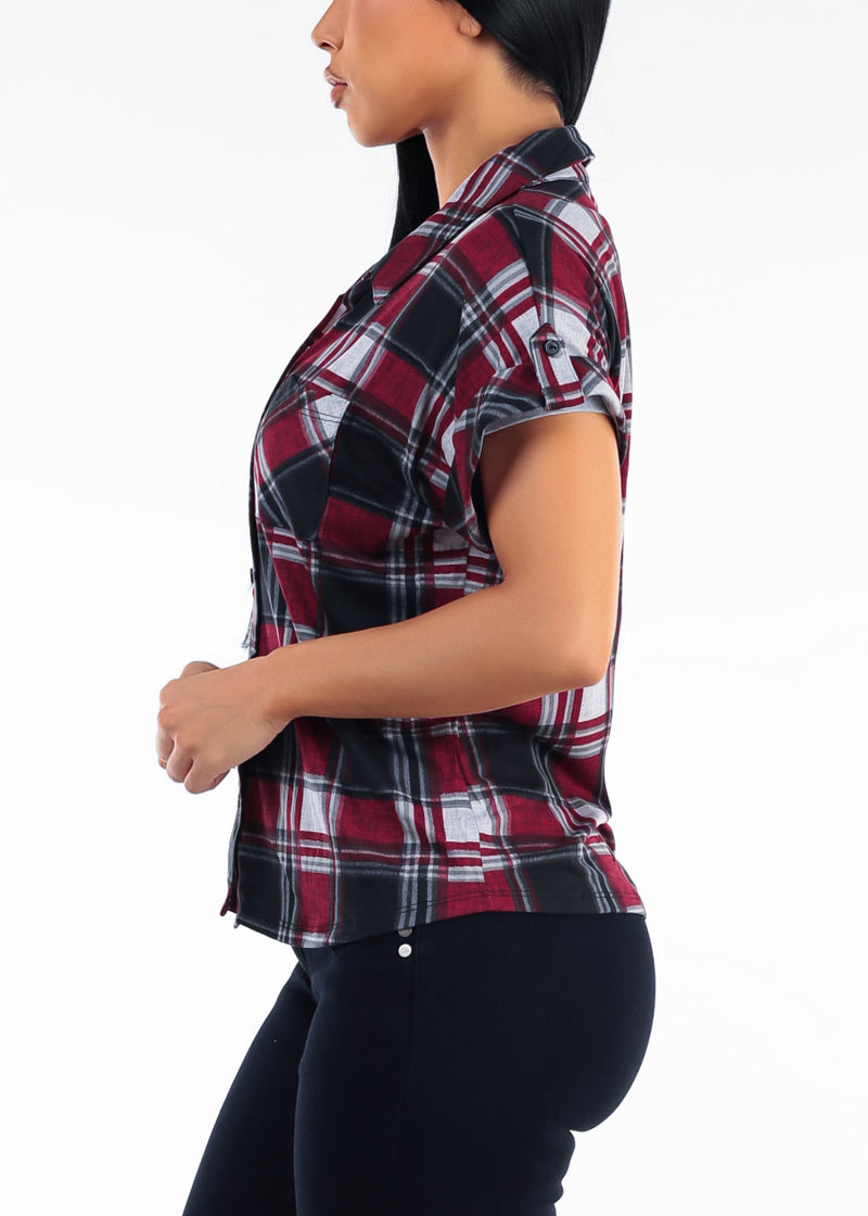 Short Sleeve Button Up Stretch Plaid Blouse Burgundy & Black