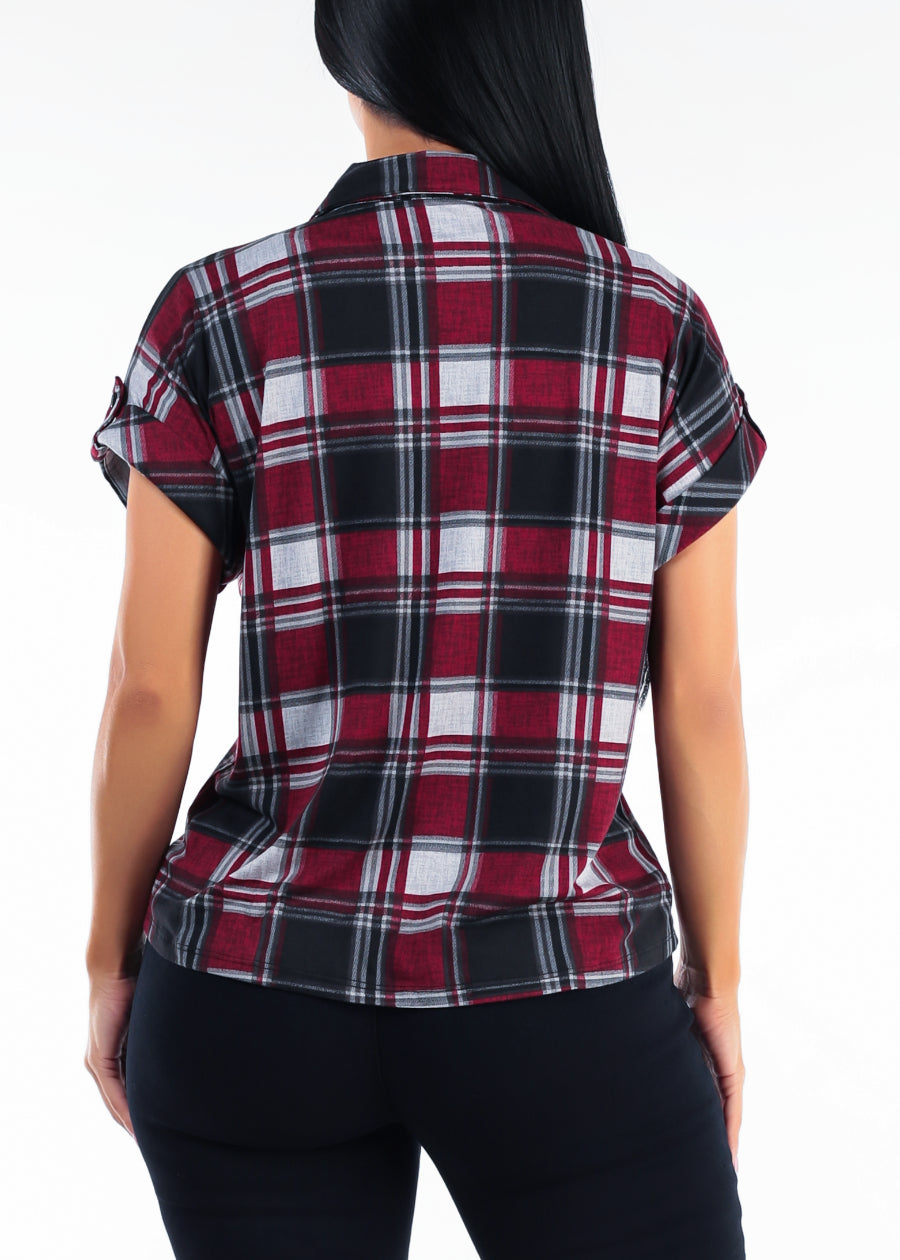 Short Sleeve Button Up Stretch Plaid Blouse Burgundy & Black