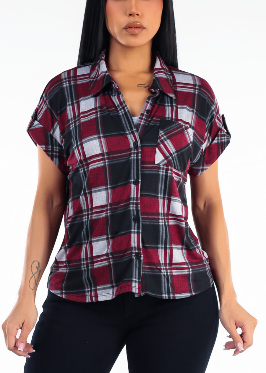 Short Sleeve Button Up Stretch Plaid Blouse Burgundy & Black