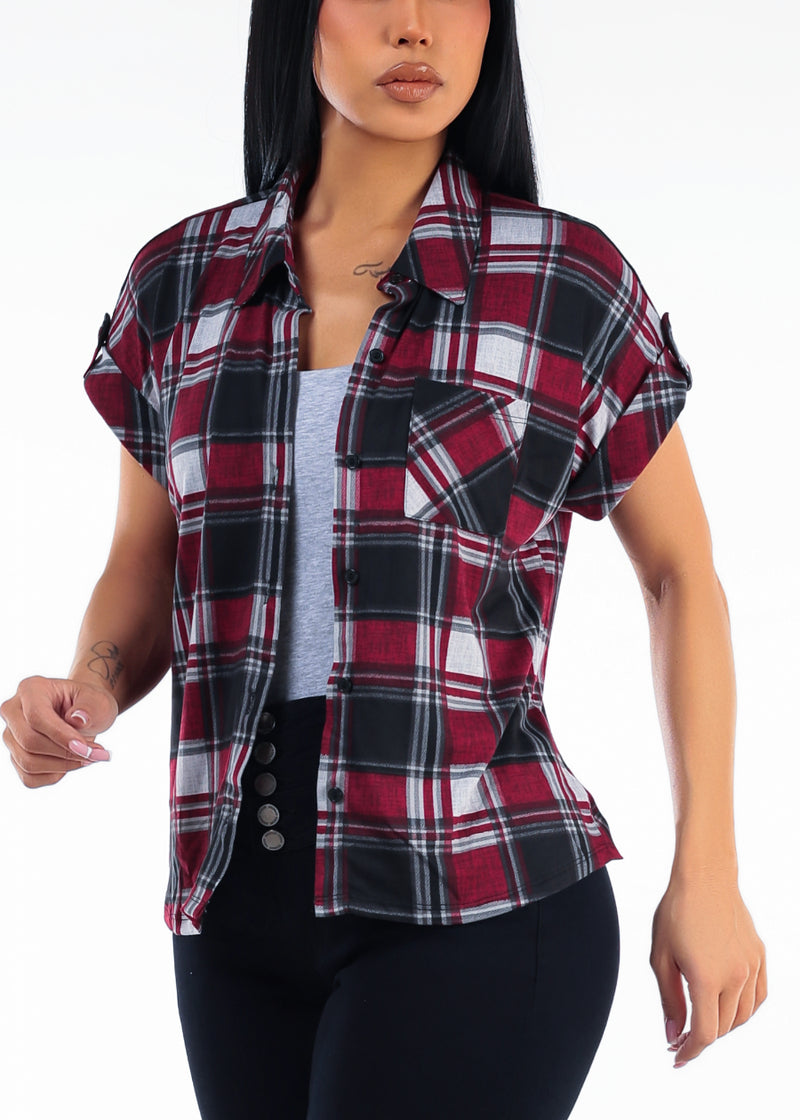 Short Sleeve Button Up Stretch Plaid Blouse Burgundy & Black
