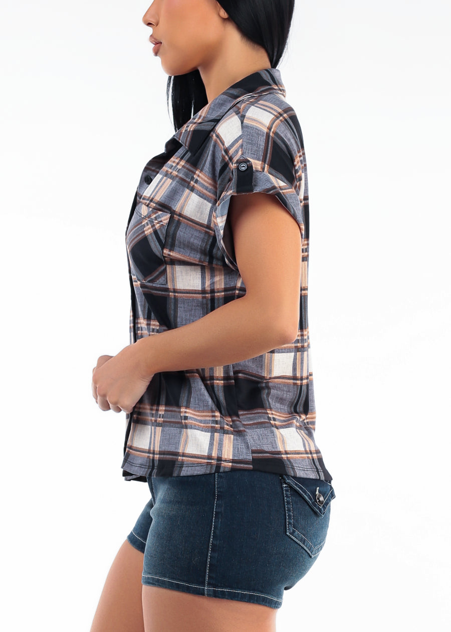 Short Sleeve Button Up Stretch Plaid Blouse Grey