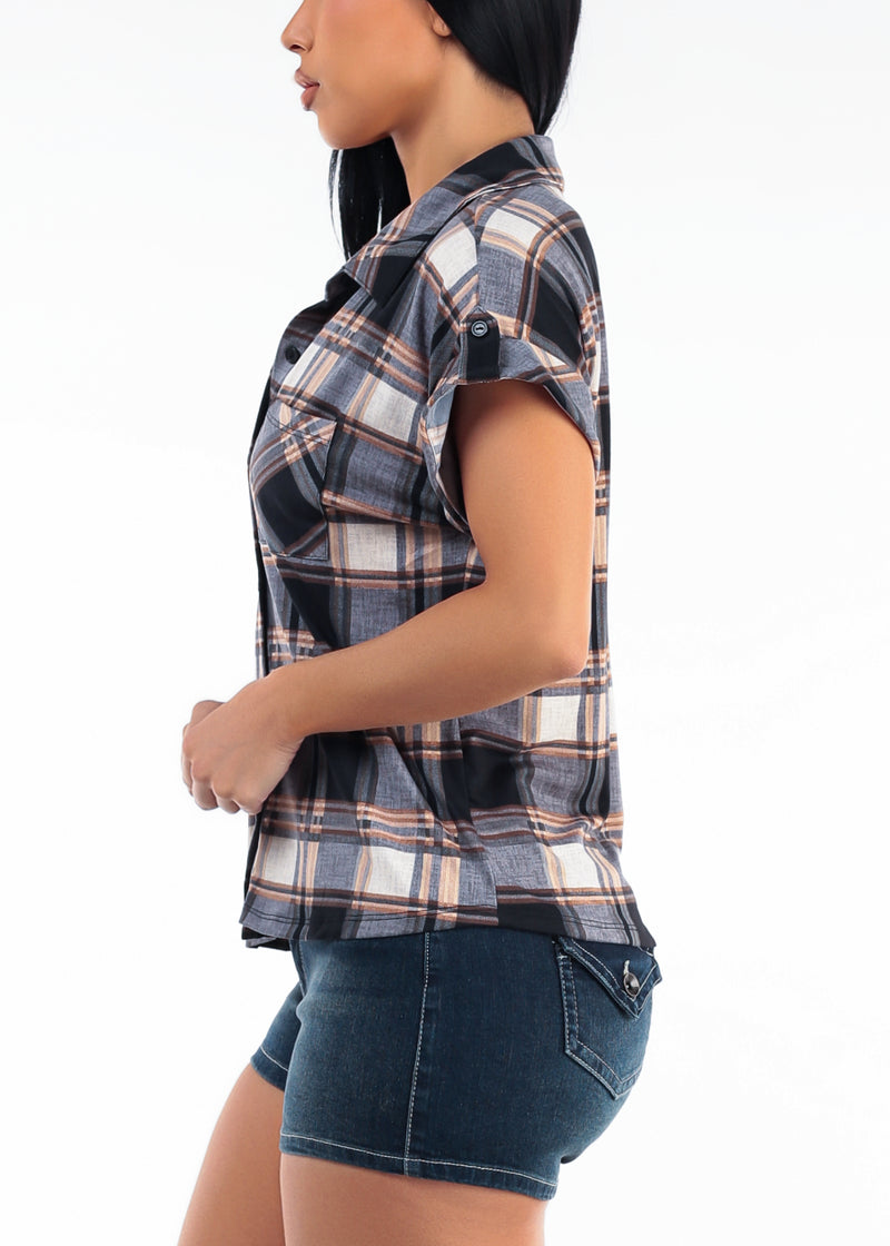 Short Sleeve Button Up Stretch Plaid Blouse Grey