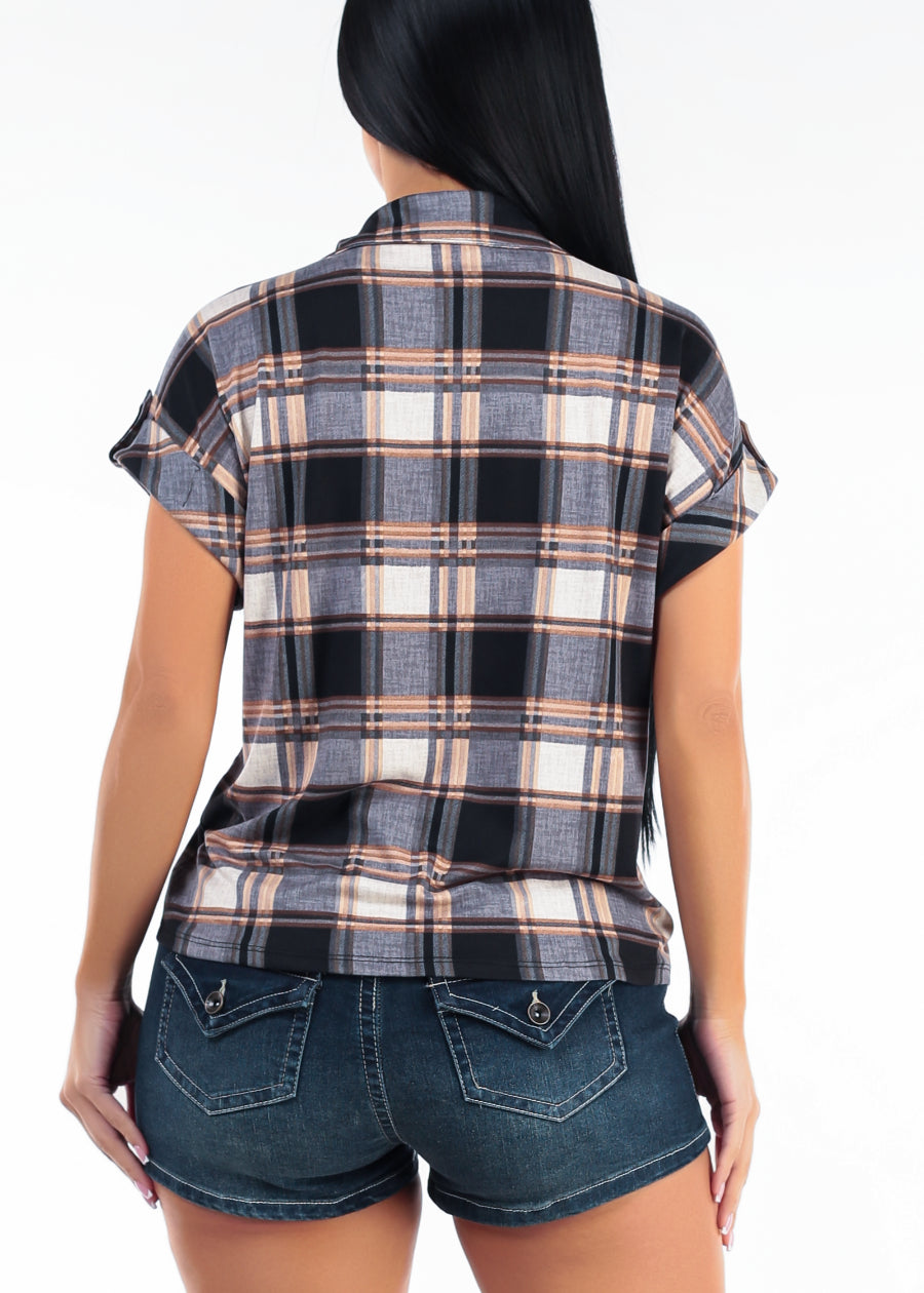 Short Sleeve Button Up Stretch Plaid Blouse Grey