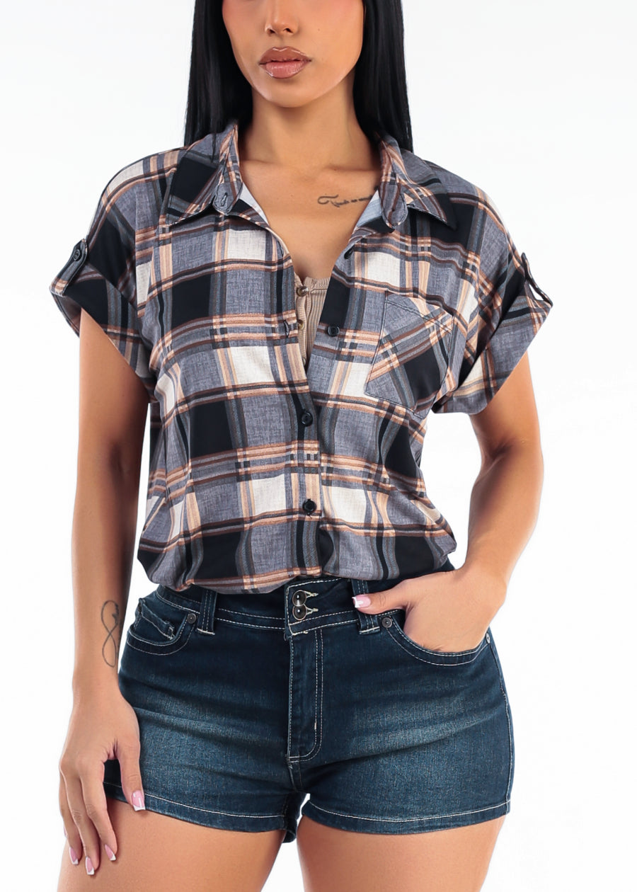 Short Sleeve Button Up Stretch Plaid Blouse Grey