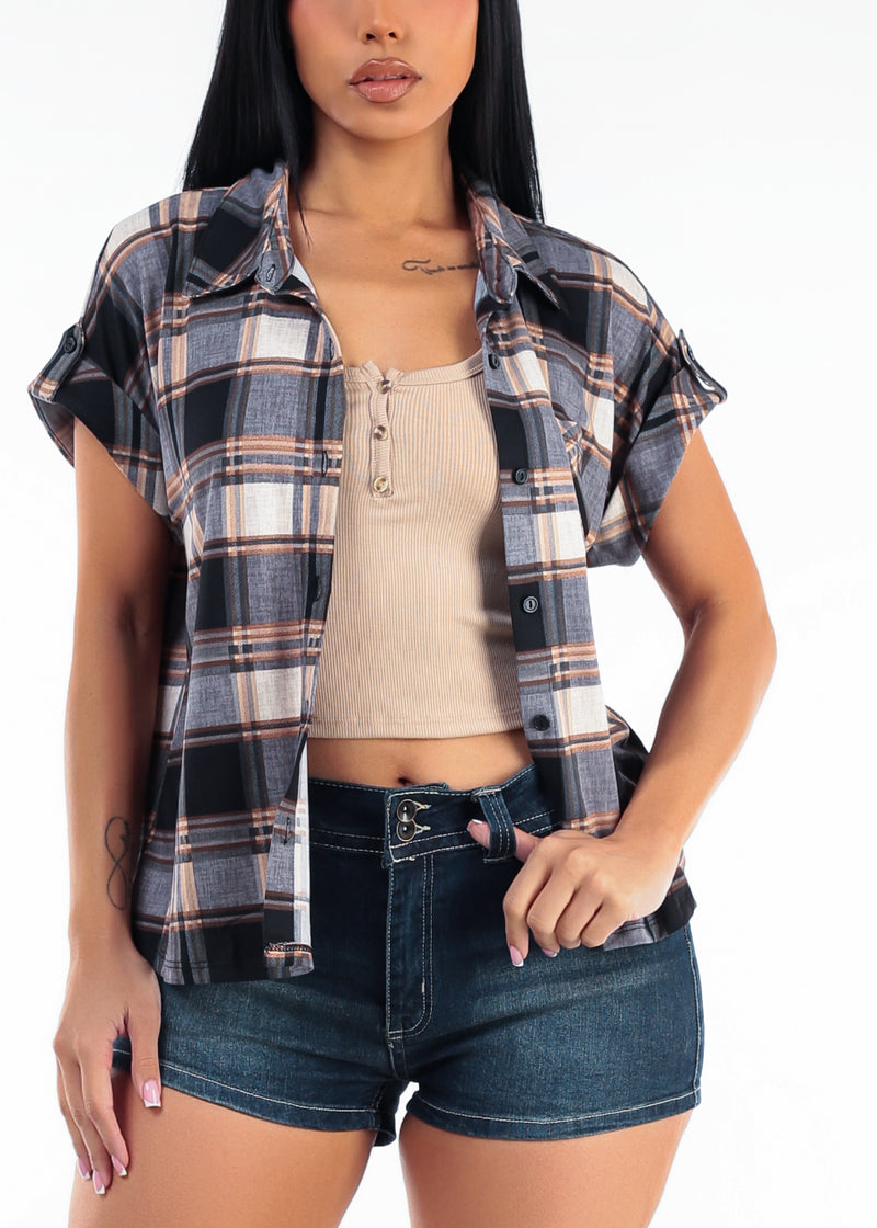 Short Sleeve Button Up Stretch Plaid Blouse Grey