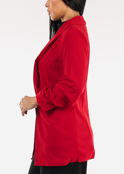 Quarter Sleeve Open Front Red Blazer