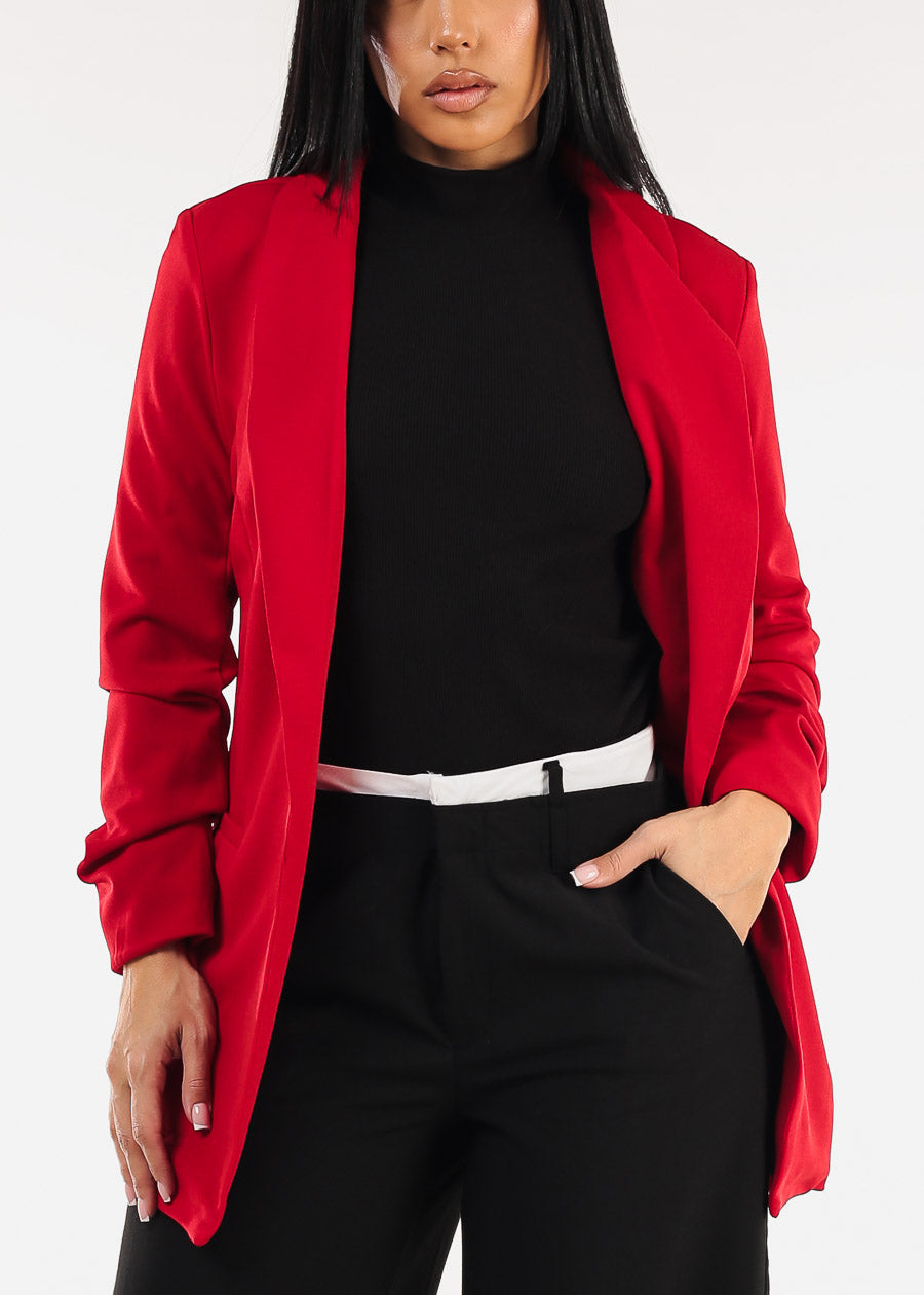 Quarter Sleeve Open Front Red Blazer