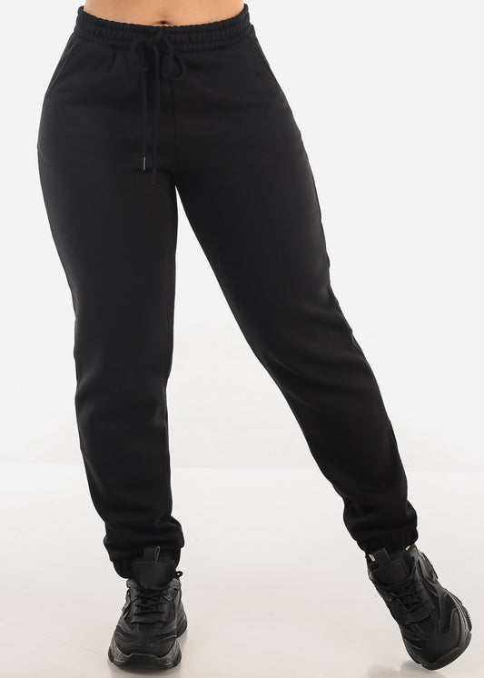 Black Drawstring Waist Fleece Jogger Pants