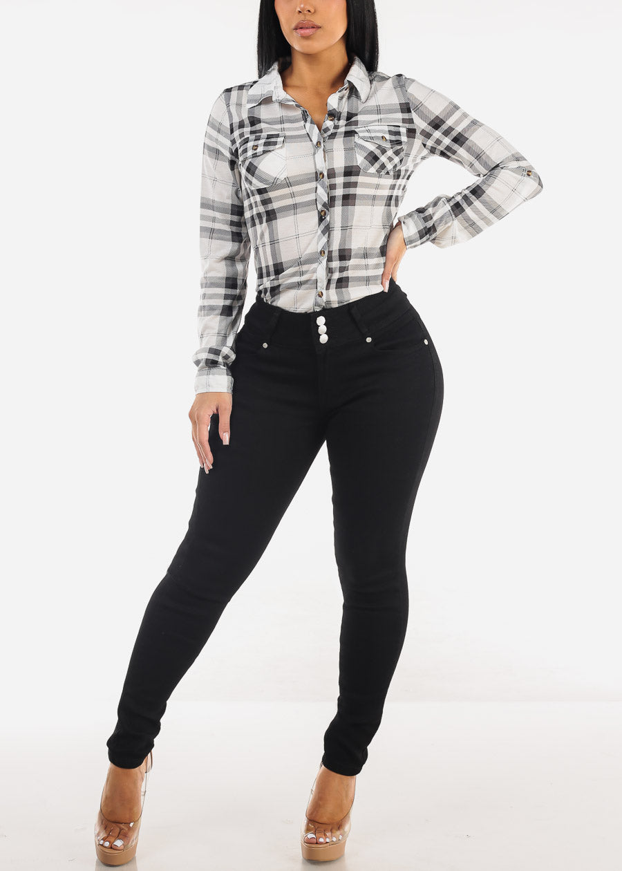 Long Sleeve Button Up Plaid Blouse Ivory & Black