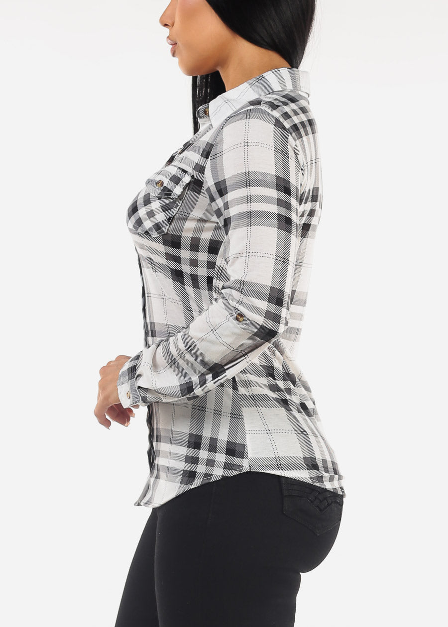 Long Sleeve Button Up Plaid Blouse Ivory & Black