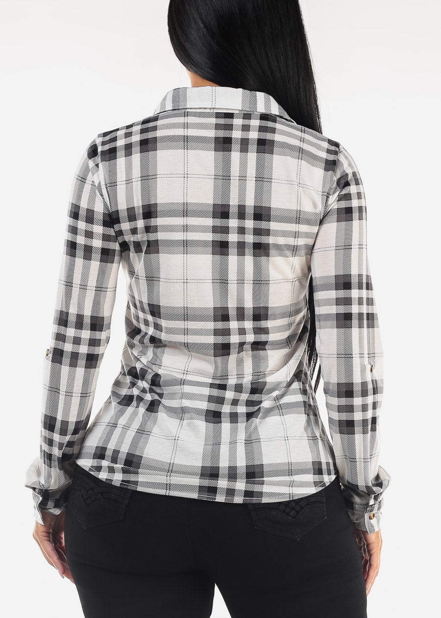 Long Sleeve Button Up Plaid Blouse Ivory & Black