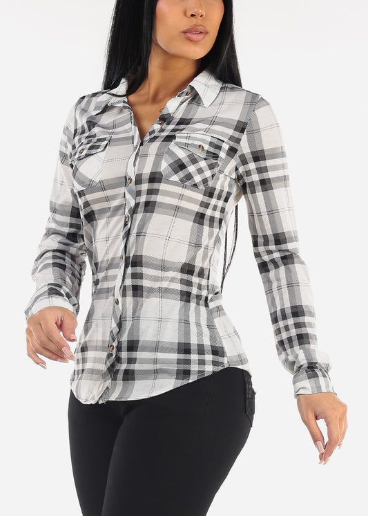 Long Sleeve Button Up Plaid Blouse Ivory & Black