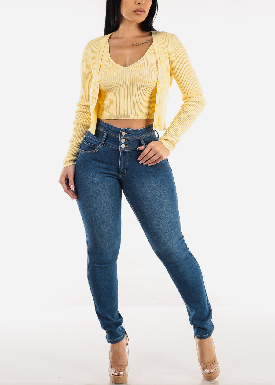 Sleeveless Crop Top & Cardigan Sweater Yellow (2 PCE SET)