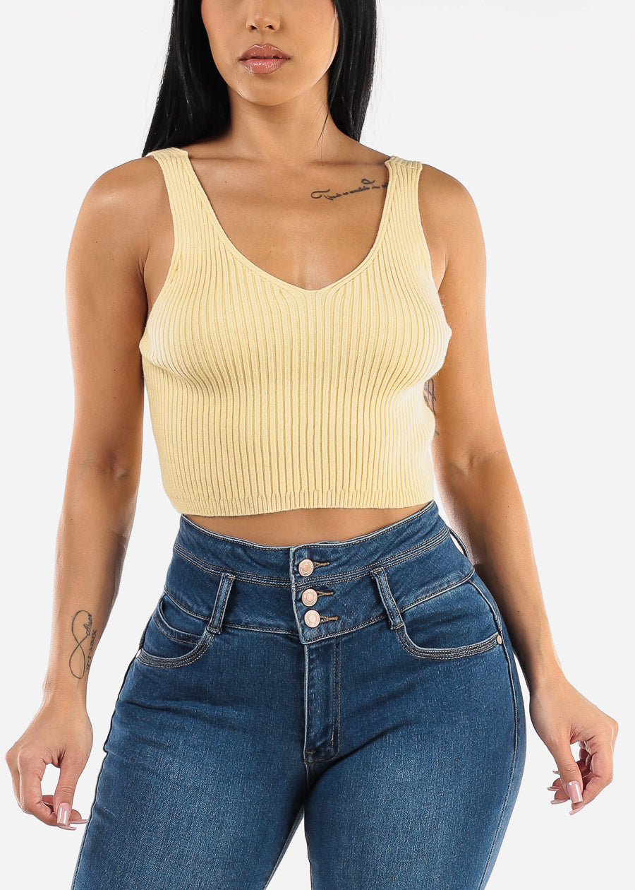 Sleeveless Crop Top & Cardigan Sweater Yellow (2 PCE SET)