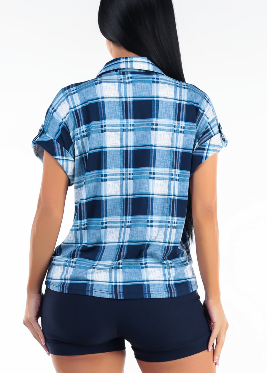 Short Sleeve Button Up Stretch Plaid Blouse Navy